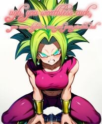 ai_generated angry angry_expression angry_face blue_eyes caption cuckold cuckold_pov cum_in_pants dragon_ball dragon_ball_super earrings gorilla4sale_artist) green_hair humiliation kefla netorare ntr pov premature_ejaculation riding small_penis small_penis_humiliation