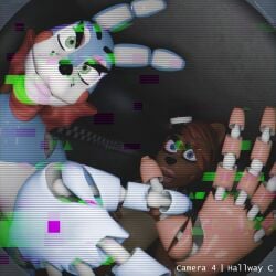 3d 3d_(artwork) angry angry_eyes blender_(software) blender_cycles bonnie_(disembowell) camera camera_hud camera_pov camera_view exposed_breasts female fisheye fisheye_lens five_nights_at_freddy&#039;s five_nights_at_freddy&#039;s_2 freddy_(disembowell) frederika_(fnaf) hallway shiny shocked toy_bonnie_(fnaf)