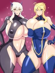 2girls artoria_pendragon artoria_pendragon_(lancer) artoria_pendragon_(lancer_alter) big_breasts blonde_hair breasts_bigger_than_head fate/grand_order fate_(series) female female_only gigantic_breasts tagme