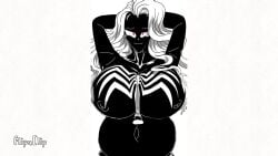 animated big_belly big_breasts big_smile big_thighs blush cute_smile female long_tongue marvel purple_eyes revealing_nipples symbiote venom_(marvel) white_hair