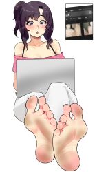 amelia_moreau blush computer crossed_legs dirty_feet embarrassed feet foot_fetish foot_focus greek_toe grief_(series) panels pov purple_eyes purple_hair shocked shy soles toes