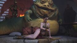 1girls 3d alexbridger belly_dancer belly_dancer_outfit bib_fortuna boots brown_eyes brown_hair c-3po chain_leash chained enslaved_royal femsub harem_girl harem_outfit jabba's_palace jabba_the_hutt loincloth princess_leia_organa slave slave_bikini slave_collar slave_leia slave_outfit slavegirl star_wars submissive_female