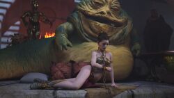 1girls 3d alexbridger belly_dancer belly_dancer_outfit bib_fortuna boots brown_eyes brown_hair c-3po chain_leash chained enslaved_royal femsub harem_girl harem_outfit jabba&#039;s_palace jabba_the_hutt loincloth princess_leia_organa slave slave_bikini slave_collar slave_leia slave_outfit slavegirl star_wars submissive_female