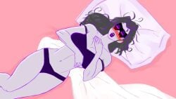 alpha_(skibidi_toilet_multiverse) bed bed_sheet bedroom black_mask blush blush blush_lines female female_focus female_only grey_hair humanoid pillow pleasured purple_body purple_eyes skibidi_toilet skibidi_toilet_multiverse sundarts underwear