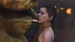 1girls 3d alexbridger belly_dancer belly_dancer_outfit boots braided_hair brown_eyes brown_hair chain_leash chained enslaved_royal femsub forced_kiss harem_girl harem_outfit humiliation hutt interspecies jabba&#039;s_palace jabba_the_hutt kissing kneeling loincloth long_hair princess_leia_organa slave slave_bikini slave_collar slave_leia slave_outfit slavegirl star_wars submissive_female tongue tongue_out