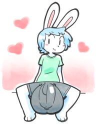 2020 angstrom anthro balls balls_outline big_balls big_bulge blue_hair blush bottomwear bulge clothed clothing cub genital_outline genitals hair heart huge_balls hyper hyper_balls hyper_penis lagomorph leporid male male_only mammal marco_(angstrom) penis penis_outline rabbit shirt shorts small_but_hung smile solo topwear young