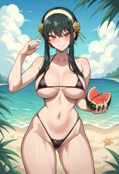 1girls ai_generated beach bikini black_hair female female_only fruit nai_diffusion solo spy_x_family stable_diffusion swimsuit tagme watermelon white_skin yor_briar