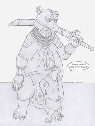 2024 4_breasts anthro anthro_on_anthro armor balls bear biped bottomwear breasts bulge claws clothed clothing detailed_bulge dialogue dress duo english_text erection feet female fully_clothed furgonomic_headwear furgonomics genital_outline genitals greyscale hi_res interspecies larger_male loincloth male male/female mammal melee_weapon membrane_(anatomy) monochrome multi_breast mustelid otter pauldron paws penis_outline plate_armor semi-anthro size_difference smaller_female speech_bubble strega sword tail text toes vambrace weapon webbed_feet whiskers