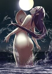 1girls 2024 absurd_res artist_name ass bouncing_breasts breasts doki_doki_literature_club female female_only highres large_breasts light-skinned_female light_skin long_hair mitarou_sk moon night nipples nude nude_female partially_submerged purple_eyes purple_hair solo watermark yuri_(doki_doki_literature_club)