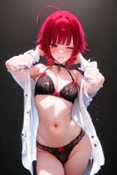 1girls ai_generated arima_kana bare_shoulders belly blush breasts cleavage collar embarrassed female female_only hand_on_head highres hips kitala legs light-skinned_female lingerie looking_at_viewer medium_breasts midriff navel nipples nude one_eye_closed open_shirt oshi_no_ko panties red_eyes red_hair ribbon shirt short_hair simple_background solo standing underwear