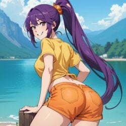 1girl 1girls ai_generated anime_style ass back back_view backside brazilian clothed clothing female iara_(tdm) lake long_hair looking_at_viewer looking_away looking_back mountain nature_background orange_shorts ponytail purple_hair shorts smile smiling smiling_at_viewer solo solo_female tree turma_da_monica turma_da_monica_jovem yellow_shirt