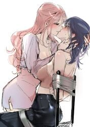 2girls black_eyes black_hair blush bondage clothed dark_hair female female_only fresa_pie kissing light_pink_hair multiple_girls pink_hair smile smiling sweat sweatdrop sweating tape tape_bondage taped taped_to_chair yuri