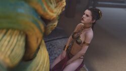 1girls 3d alexbridger belly_dancer belly_dancer_outfit boots brown_eyes brown_hair chain_leash chained enslaved_royal femsub harem_girl harem_outfit hutt jabba's_palace jabba_the_hutt kneeling loincloth princess_leia_organa slave slave_bikini slave_collar slave_leia slave_outfit slavegirl star_wars submissive_female