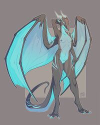 anthro blue_body blue_membrane blue_nipples blue_pawpads blue_scales dragon female genitals hi_res horn maoshan membrane_(anatomy) membranous_wings mythological_creature mythological_scalie mythology nipples pawpads pussy scales scalie solo white_horn wings