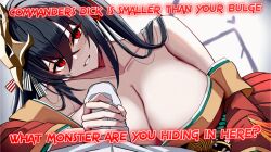 ai_generated azur_lane big_breasts big_penis big_penis_adoration black_hair bulge bulge_through_clothing caption cleavage cuckold gorilla4sale_artist) hair_ornament hand_on_penis handjob handjob_over_clothes netorare ntr pov pov_handjob red_eyes small_penis_humiliation smile taihou_(azur_lane)