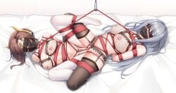 2girls absurdres alexandria_(xenoblade) arms_behind_back ball_gag barefoot bed_sheet black_blindfold black_mask black_thighhighs blindfold bondage bound bound_together braid breasts brown_hair commentary crotch_rope ethel_(xenoblade) fishnet_bra flan_ling forehead_protector gag grey_hair hair_bun highres inverted_nipples lactation large_breasts long_hair mask mouth_mask multiple_girls nipples pussy_juice simple_background thighhighs tribadism variant_set white_thighhighs xenoblade_(series) xenoblade_chronicles_3