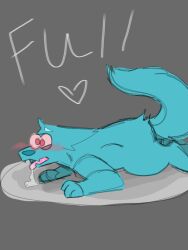 anthro bloated blue_body blue_fur blush bodily_fluids cum cum_in_mouth cum_inside fur genital_fluids implied_oral male male/male on_drugs red_eyes solo