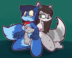 2022 4_fingers alternate_species anthro anthro_on_anthro bandana big_breasts big_nipples black_hair blep blue_body blue_fur blue_hair blush breast_grab breast_rub breasts canid canine cute_fangs dipstick_tail duo eyewear female female/female finger_fuck fingering fingers fluffy fluffy_tail fox fur glasses gloves_(marking) green_eyes green_pupils grey_body grey_eyewear grey_fur grey_glasses grey_inner_ear grey_spots groping_from_behind hair hand_on_breast kerchief kneeling looking_at_another looking_back mammal markings medium_breasts motion_lines mtf_crossgender nipples open_mouth pink_nipples pupils purple_eyes purple_pupils red_bandanna red_kerchief rule_63 smile spots spotted_body spotted_fur tail_markings tongue tongue_out ulti_(ultilix) ultilix vaginal_penetration white_body white_fur yellow_sclera