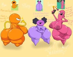 back_turned big_breasts boe_(land_of_boggs) candice_(land_of_boggs) dark_purple_skin expressive fat_ass glasses hair_buns hand_on_hip japansadface land_of_boggs like_and_retweet looking_back medium_breasts of one_color_background orange_skin phone_in_hand pink_skin purple_body shortstack smiling_at_viewer sweatdrop taking_selfie text thick thick_thighs tiffany_(land_of_boggs) yellow_skin