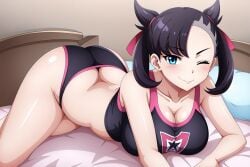 ai_generated big_ass big_breasts blush briefs busty cleavage creatures_(company) crop_top curvy facing_viewer female female female_only full_body game_freak hi_res highres lying lying_on_bed marnie_(pokemon) nintendo panties pantyshot pokemon pokemon_(game) pokemon_ss pokemon_trainer seraphim_ai smile solo stable_diffusion thick_thighs