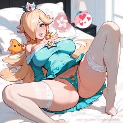 1girls ai_generated ass bed bedroom bimbo blonde_hair breasts female female_only hkgstudio lingerie mario_(series) milf nintendo princess_rosalina seductive skirt slutty_outfit solo solo_female stockings