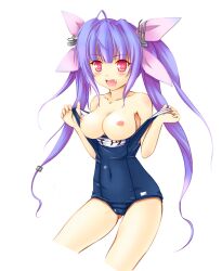 blush breasts_out cameltoe cute_fang female i-19_(kantai_collection) kantai_collection nanase_tatsuki open_mouth pink_eyes purple_hair school_swimsuit solo swimsuit tri_tails