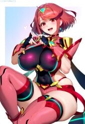 1girls ai_generated bangs blush breasts core_crystal covered_navel covered_nipples depressu earrings fingerless_gloves gloves happy heart heart_hands jewelry large_breasts looking_at_viewer open_mouth pyra pyra_(xenoblade) red_eyes red_hair short_hair short_shorts shorts sitting smile solo swept_bangs thick_thighs thighhighs tiara xenoblade_(series) xenoblade_chronicles_2