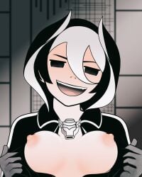 black_and_white_hair black_eyes breasts_out empty_eyes female female_only flashing hair_between_eyes looking_at_viewer made_in_abyss medium_breasts open_shirt ozen presenting_breasts short_hair smile solo two_tone_hair upper_body