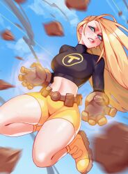 1girls belt black_shirt blonde_hair blue_eyes breasts clothing dc dc_comics female footwear handwear human medium_breasts midriff pale_skin qt0ri rock teen_titans terra_(dc)