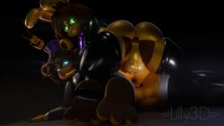 animal_humanoid animatronic anus bear blender_(artwork) blender_eevee blue_eyes clothing digital_media_(artwork) five_nights_at_freddy's fredbear_(fnaf) fur genitals gesture glowing glowing_eyes green_eyes hand_gesture hi_res humanoid hybrid lagomorph lagomorph_humanoid latex legwear leporid leporid_humanoid lilly_3d looking_at_viewer looking_back looking_pleasured machine male male/male male_on_top mammal mammal_humanoid mishuyuu on_top peace_sign penis rabbit rabbit_ears rabbit_humanoid robot robot_anthro robot_humanoid scottgames spring_bonnie spring_bonnie_(fnaf) stockings v v_sign watermark yellow_body yellow_fur