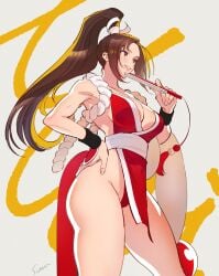 1girls asian asian_female bare_shoulders breasts brown_eyes brown_hair cleavage commentary fatal_fury female folding_fan grin hand_fan hand_on_own_hip high_ponytail highres japanese_clothes king_of_fighters large_breasts leotard leotard_under_clothes long_hair mai_shiranui ninja pelvic_curtain ponytail revealing_clothes smile snk solo sumustard thighs very_long_hair wide_hips