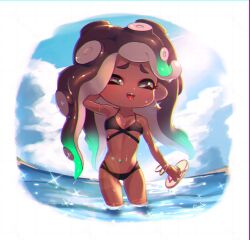 beach bikini black_bikini black_swimsuit cute dark-skinned_female female_only kanzaki_coula looking_at_viewer marina_(splatoon) nintendo octoling octoling_girl seductive_pose skimpy_bikini solo_female splatoon_(series) splatoon_2 tagme tentacle_hair