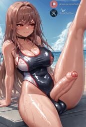 1futa ai_generated armpits balls beach beach_background beachside big_penis blush brown_hair dickgirl erect_penis erection foreskin futa_only futa_sans_pussy futanari goddess_of_victory:_nikke happy huge_cock light-skinned_futanari light_skin long_hair looking_at_viewer penis rapi_(nikke) red_eyes roxygtf sky smile smiling smiling_at_viewer solo wet