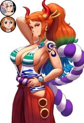 1girls ai_generated female female_only fusion fusion_character horns krystalizedart large_breasts nami_(one_piece) one_piece orange_hair yamato_(one_piece)