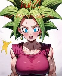 ai_generated blue_eyes blush caption cuckold cuckold_pov dragon_ball dragon_ball_super earrings gorilla4sale_artist) green_hair in_awe kefla netorare ntr penis_awe pov shocked shocked_expression small_penis_humiliation