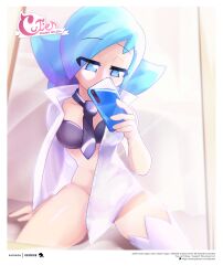 blue_hair bra covered_pussy covering_crotch deva_(gwain_saga) geoexe gwain_saga light-skinned_female loose_shirt mirror mirror_selfie necktie no_panties thighhighs