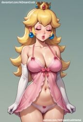 ai_generated aidreamcrush crown dress eyes female gloves mature navel nintendo panties princess_peach see-through solo standing