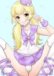 1boy binbinsuke blonde_hair bulge femboy grin hat long_hair male_focus original otoko_no_ko panties purple_headwear purple_sailor_collar purple_skirt sailor_collar skirt smile star_(symbol) thighhighs trap twintails underwear v white_panties yellow_eyes