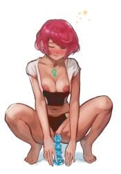 alternate_costume barefoot blush breasts censored closed_eyes closed_mouth collarbone dildo eyelashes female female_masturbation full_body highres large_areolae large_breasts legs masturbation medium_hair midriff mosaic_censoring navel nipple_slip nipples pyra_(xenoblade) r123 red_hair sex_toy shadow short_sleeves simple_background solo squatting swept_bangs toenails toes white_background xenoblade_(series) xenoblade_chronicles_2