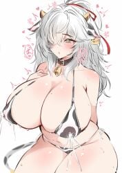 1girls ahe_gao big_breasts big_thighs blush breasts busty cow_ears cow_print cow_print_bikini cow_tail cowbell female hair_over_one_eye honkai:_star_rail huge_breasts huge_thighs jing_yuan lactation large_breasts large_thighs rule_63 thick_thighs thighs voluptuous white_background yomi25