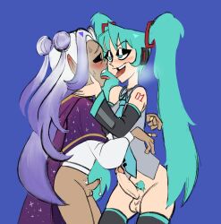 1boy 1futa alternate_version_available artist_request big_penis bottomless breasts canon_x_oc clothed clothing dark_skin duo erection futa_is_bigger futa_on_male futadom futanari hatsune_miku human humanoid humanoid_penis intersex light-skinned_futa light_skin long_hair male partially_clothed penis source_request standing thighhighs twintails vocaloid