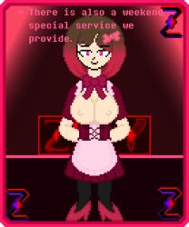 background bete_noire betty_noire big_breasts big_breasts black_thighhighs breasts breasts brown_hair dialogue glitchtale hands_behind_back large_boobs large_breasts maid maid_outfiut maid_uniform neck_ribbon nipples one_closed_eye pink_eyes pixel pixel_art red_hair red_shoes ribbon_in_hair shoes showing_breasts thighhighs z!betty zixy