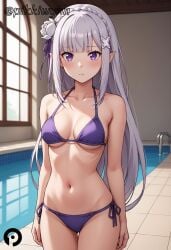 ai_generated arms_at_sides bangs bare_arms bare_shoulders bikini blunt_bangs blush braid breasts cleavage closed_mouth collarbone cowboy_shot crown_braid emilia_(re:zero) female flower grey_hair groin hair_flower hair_ornament hair_ribbon halterneck indoors long_hair looking_at_viewer medium_breasts navel pikkiwynn pointy_ears pool purple_bikini purple_eyes purple_ribbon re:zero_kara_hajimeru_isekai_seikatsu ribbon rose side-tie_bikini_bottom solo standing stomach string_bikini swimsuit thigh_gap thighs tiles very_long_hair water white_flower white_hair white_rose window x_hair_ornament