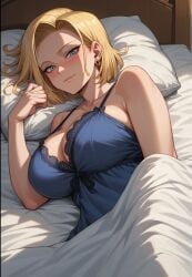 , 1girls ai_generated android_18 bed blanket dragon_ball female female_focus female_only solo solo_focus