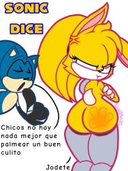 1boy1girl artist_request back_view blue_fur bunnie_rabbot bunny_ears clothed_male_nude_female crossed_arms frustrated green_eyes naked_female robotic_arm robotic_legs sonic_(series) sonic_satam sonic_the_hedgehog sonic_the_hedgehog_(series) spanish_dialogue spanish_text spank_marks spanked translation_request yellow_fur