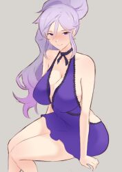 1girls alternate_costume backless_outfit bare_legs breasts cleavage cosplay earrings female female_only fire_emblem fire_emblem:_genealogy_of_the_holy_war ishtar_(fire_emblem) large_breasts long_hair looking_at_viewer nintendo pale-skinned_female pale_skin ponytail purple_dress purple_eyes purple_hair ryumi-gin sitting smile solo tifa_lockhart_(cosplay) very_long_hair