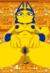 1girls 2022 animal_crossing ankha ankha_ride_(minus8) anthro areola blue_areola blue_hair blue_nipples blue_pussy breasts coombrain15 domestic_cat felid feline felis female female_only frown genitals hair hi_res hieroglyphics looking_at_viewer looking_down looking_down_at_viewer low-angle_view mammal nintendo nipples noseless nude presenting presenting_pussy pussy solo spread_pussy spreading twitter_username video_games yellow_body yellow_fur