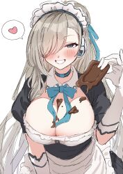 absurdres apron asuna_(blue_archive) bangs blue_archive blue_eyes blush breasts chocolate chocolate_on_breasts choker cleavage dress elbow_gloves female food gloves grin hair_between_eyes hair_over_one_eye hair_ribbon hat headset heart highres holding holding_chocolate holding_food large_breasts light_brown_hair long_hair looking_at_viewer maid_headdress meiji_(brand) meiji_(chocolate) mole mole_on_breast nayuta_ggg ribbon simple_background smile spoken_heart upper_body very_long_hair waist_apron white_apron white_background white_gloves