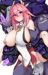 1boy 1boy1girl 1girls breasts breasts_out female fox_ears fox_girl genshin_impact hilichurls_(species) imminent_sex large_breasts lawachurl light-skinned_female male miko monster nipples one_breast_out pink_hair pussy ras_(zzdn3588) sideboob size_difference smile spread_legs thick_thighs thunderhelm_lawachurl uncensored yae_miko