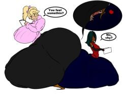 2girls ass ass_squeeze ass_squish ass_to_ass bbw big_ass big_breasts blonde_hair breasts buttcrush_sandwich clothed clothing dark-skinned_female dark_green_hair enormous_ass female giant_ass giantess gigantic_ass gokusenpai hair huge_ass hyper hyper_ass jasmine_(gokusenpai) large_ass larger_female light-skinned_female massive_ass mini_giantess mishi_smithers multiple_girls obese_female oishii_otsumami pants size_difference smothering squeezing squish squished_face squishface thick_thighs unaware_buttcrush